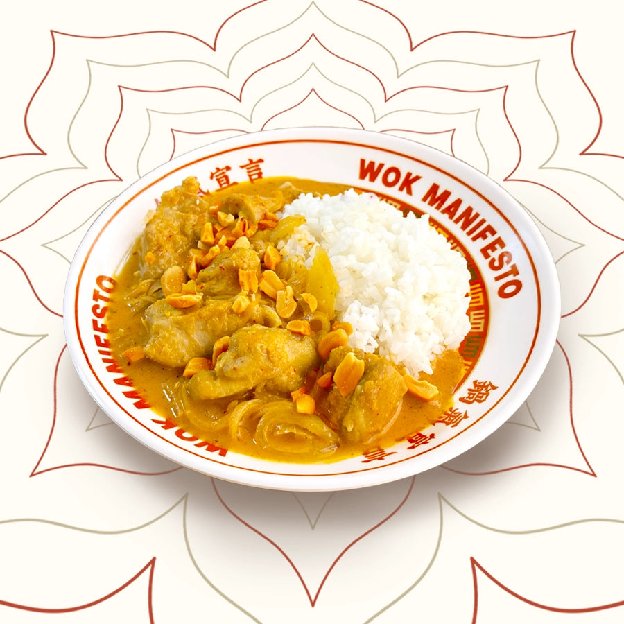 Thai Massaman Chicken Curry slow-cooked in coconut milk with cardamom, cinnamon and peanuts – a rich and aromatic curry served at Wok Manifesto Newcastle.