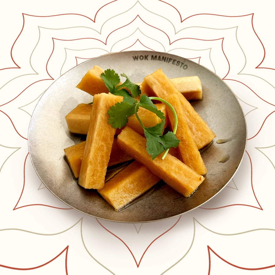 Crunchy Chinese mooli radish pickled with chilli, garlic and vinegar – a bold, refreshing Sichuan street food side dish from Wok Manifesto Newcastle.