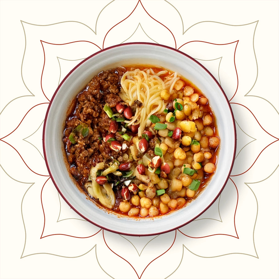 Sichuan Wanza Noodles with yellow peas, minced pork, pickled greens and roasted peanuts – authentic Chinese street food at Wok Manifesto Newcastle.