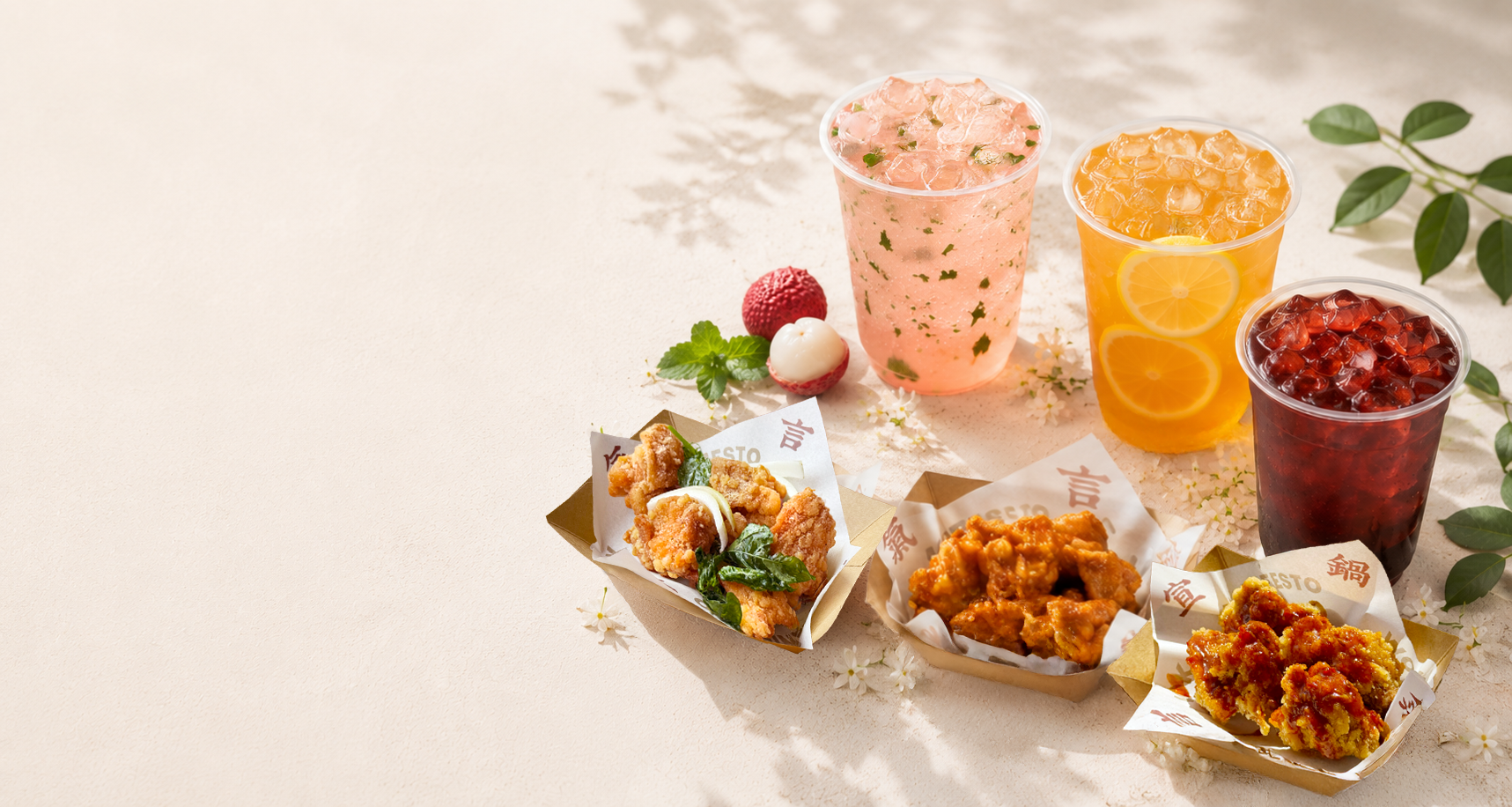 Summer drinks and authentic Asian street food at Wok Manifesto Newcastle, featuring Hong Kong Salted Lemon Tea, Suan Mei Tang, Lychee Elderflower Soda, Taiwanese Crispy Chicken, General Tso’s Chicken and Crispy Chicken with Sichuan BBQ Sauce.